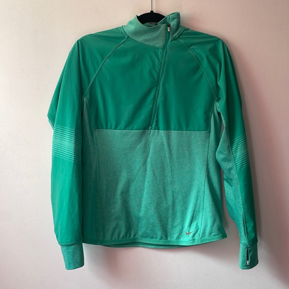 NIKE Running Womens Sz M Pullover 1/4 Zip Dri-Fit Reflective Green Fleece Lined